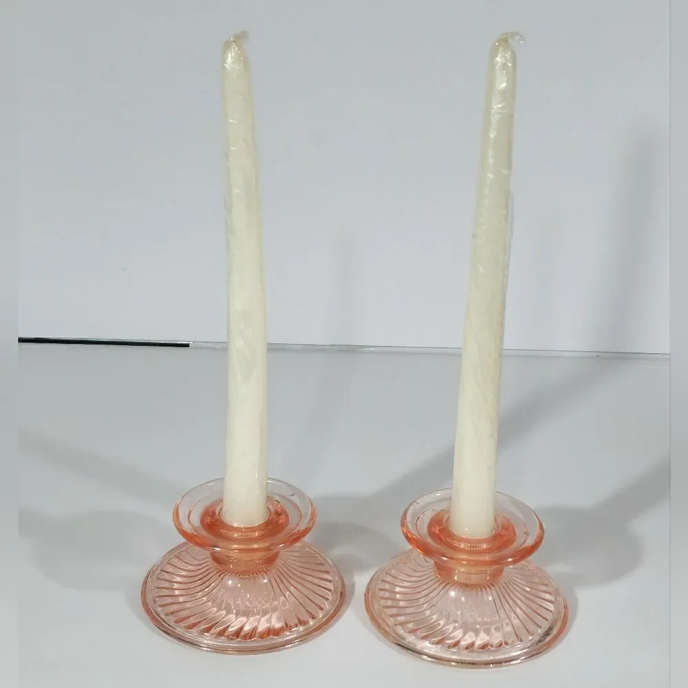 Vintage Set Of 2 pink depression glass candle holders